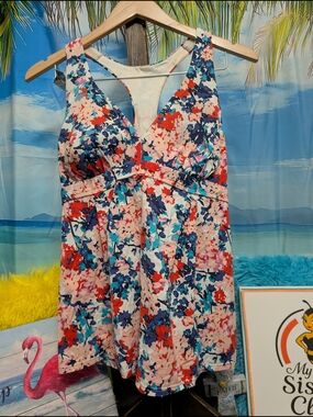 Lands' End Floral Swim Tankini Top in Mint, Navy & Coral